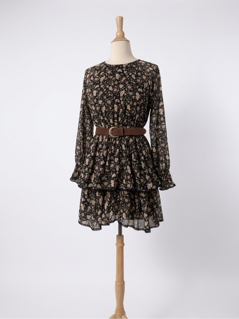 Zara Black Dress with Cream Floral Print and Brown Belt